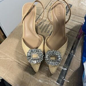 INC International Concepts Tan Slingback Heels with Embellished Buckle